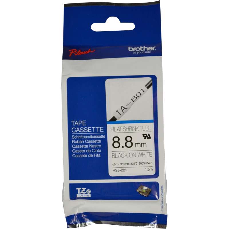 Labeltape Brother HSe221 9mmx1,5m sort på hvid krympeflex