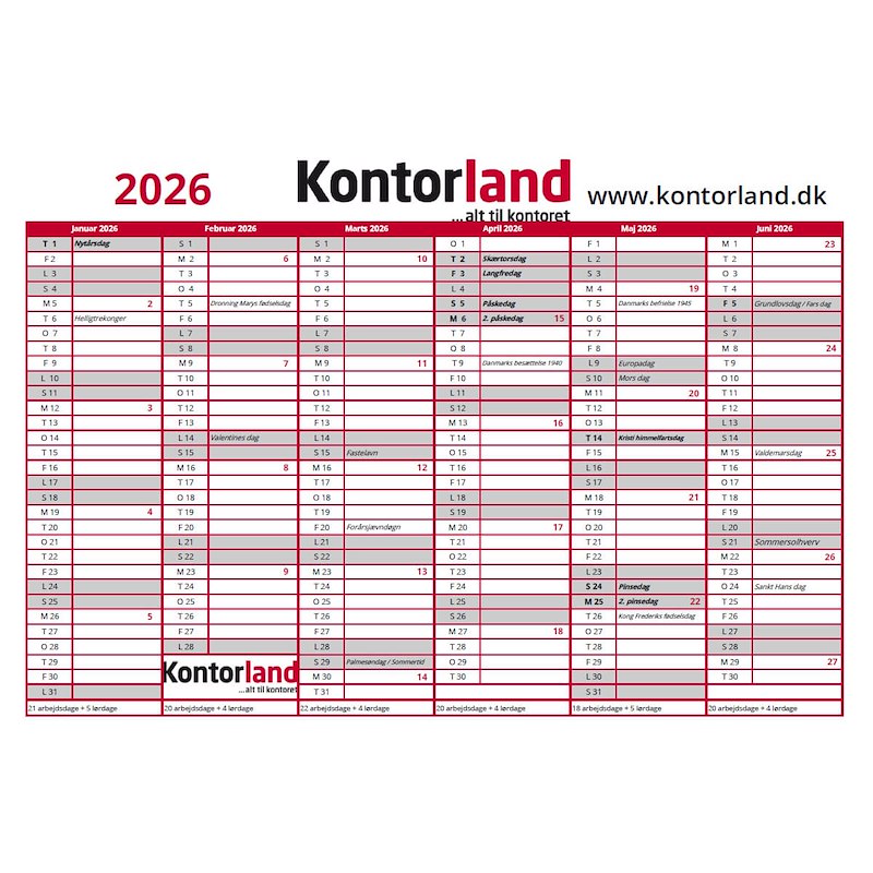Kontorland kalender 2026 m/ ugenumre og helligdage til print