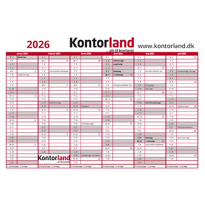 Kontorland kalender 2026 m/ ugenumre og helligdage til print