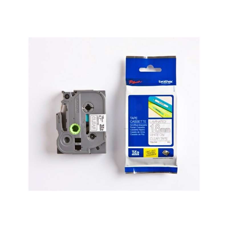 Prægetape Brother 18 mm x 8 m hvid/klar TZ145 lamineret