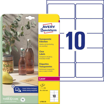 Etiketter Avery label laser glossy klar 96x50,8mm L7783-25