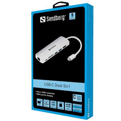 Adapter Sandberg USB-C Dock HDMI+LAN+SD+USB 61W hvid
