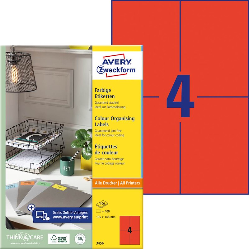 Etiketter Avery label rød 105x148mm 3456