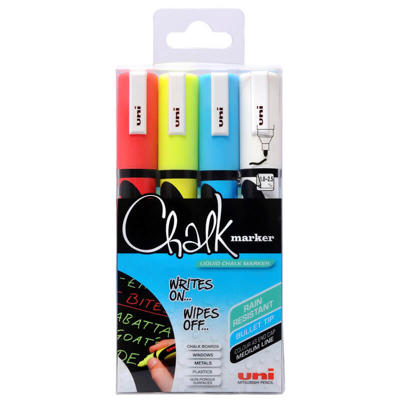 Chalk marker Uni PWE-5M t/whiteboard, glas, 2,5mm 4 ass./pk.