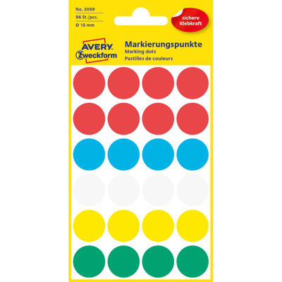 Etiket Avery ass. farver Ø18mm 3089 96stk/pak