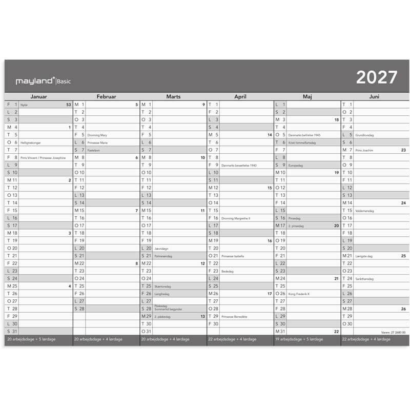 Basic kontorkalender A4 2027 Mayland
