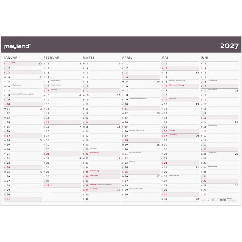 Kæmpekalender 2027 Mayland 2x6 mdr. papir Moderne rør