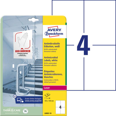 Etiketter Avery antimikrobielle hvid 105x148mm L8003-10