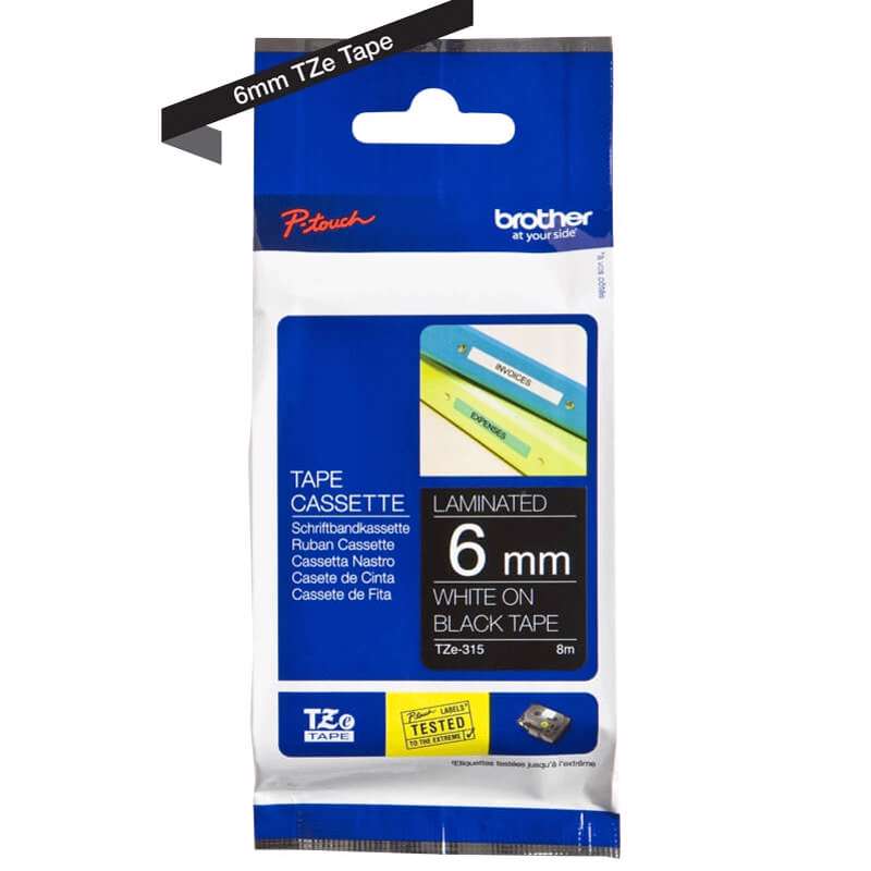 Prægetape Brother TZe315 6 mm x 8 m hvid/sort lamineret