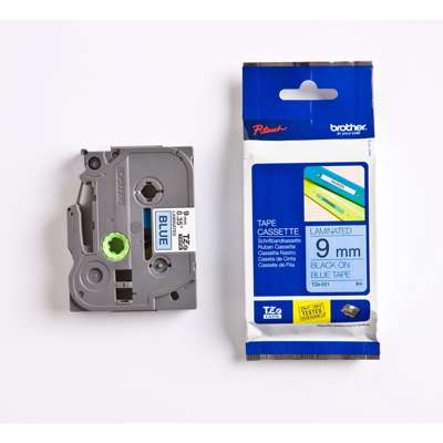 Labeltape Brother TZe521 9 mm x 8 m sort/blå 521 lamineret