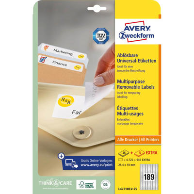 Etiketter Avery label aftagelige 25,4x10mm L4731REV-25