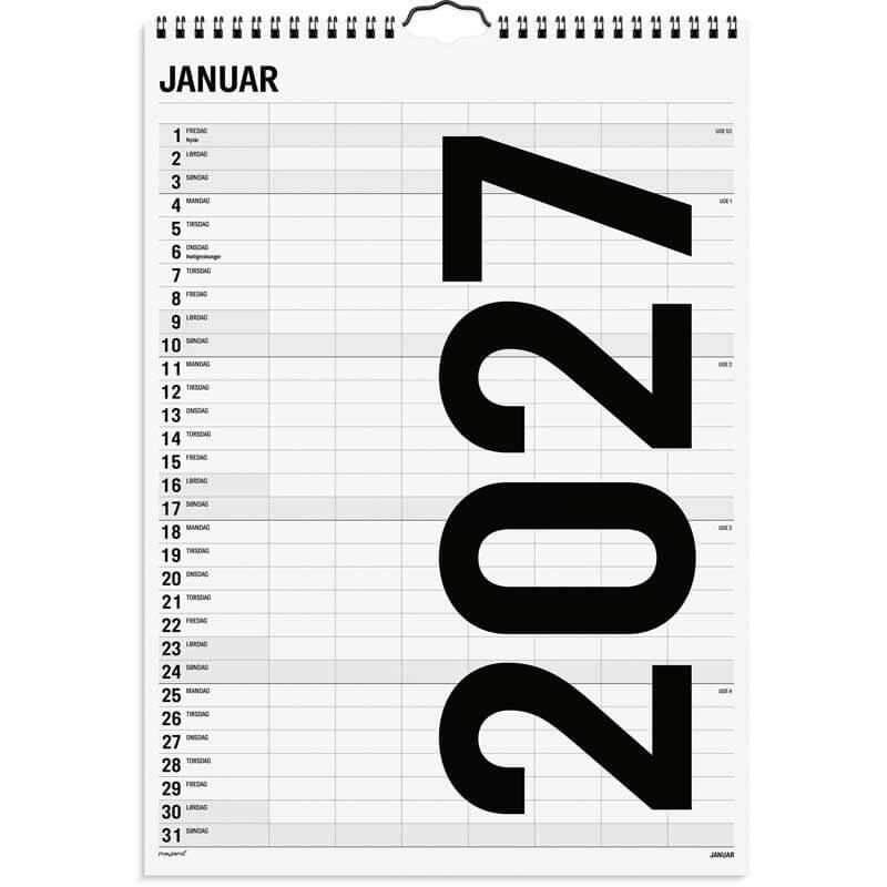 Familiekalender Black and white 2027 Mayland 7 kol.