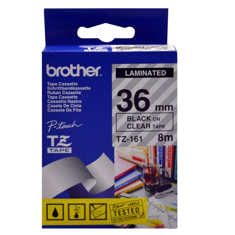 Labeltape Brother TZe161 36 mm x 8 m sort/klar lamineret