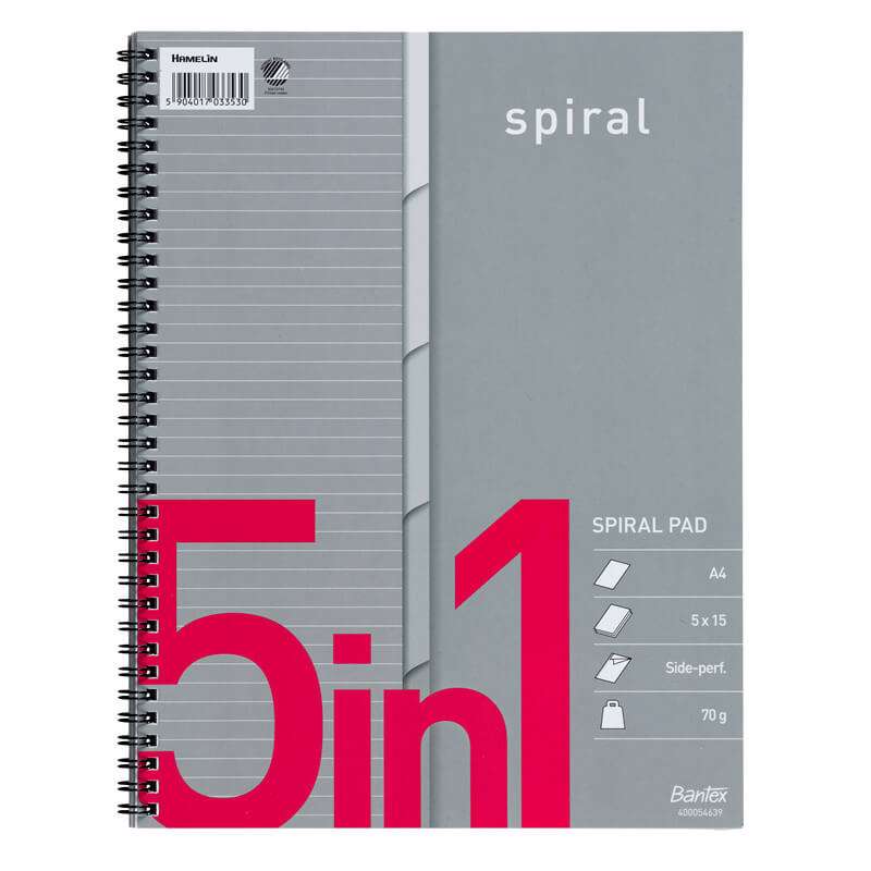 Kollegieblok Bantex m/spiral A4+ 5in1 linjeret 5x15ark