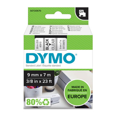Labeltape DYMO D1 9mm sort på klar