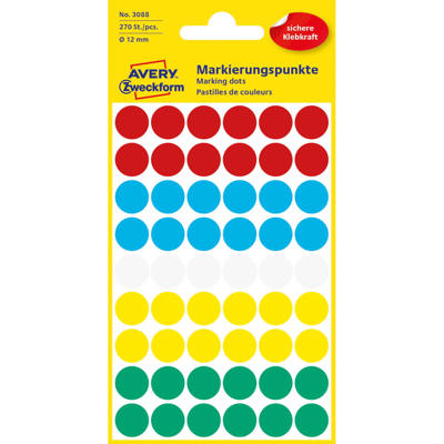 Etiket Avery ass. farver Ø12mm 3088 270stk/pak