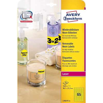 Etiketter Avery label aftagelige neon 38,1x21,2mm L7651Y-25