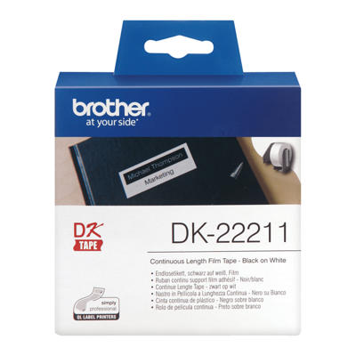Label Brother hvid DK22211 29mm sort på hvid filmtape