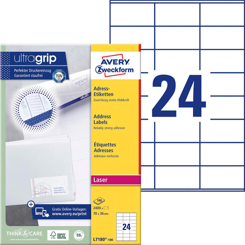 Etiketter Avery shipping laser 70x36mm 24/ark L7180-100