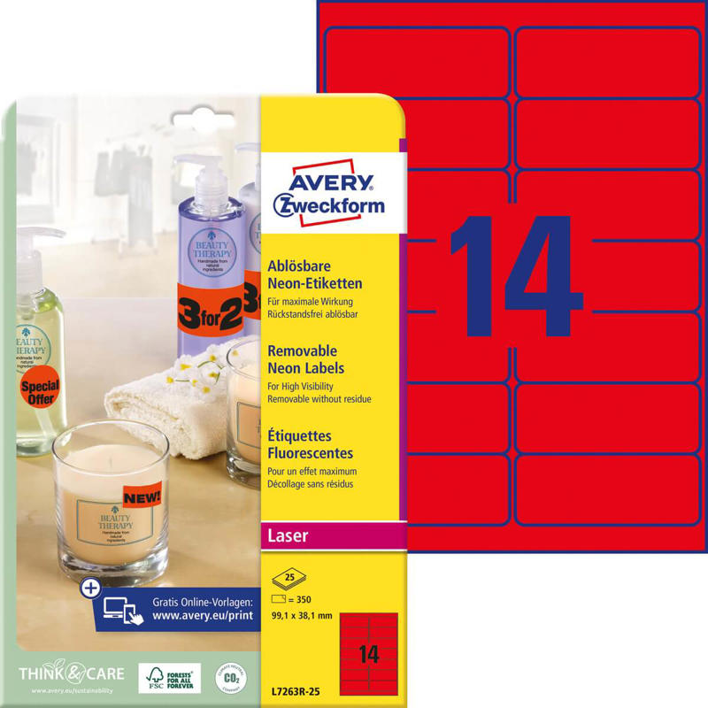 Etiketter Avery label aftagelige neon 99,1x38,1mm L7263R-25
