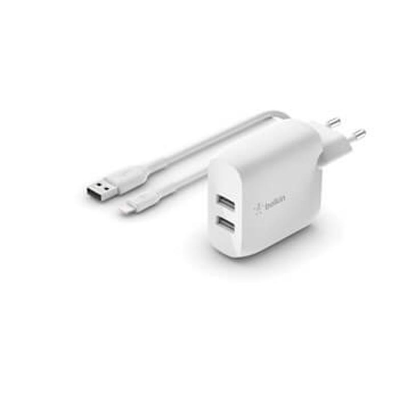 Dual USB-A Wall Charger 24W + Ligthning cable, white