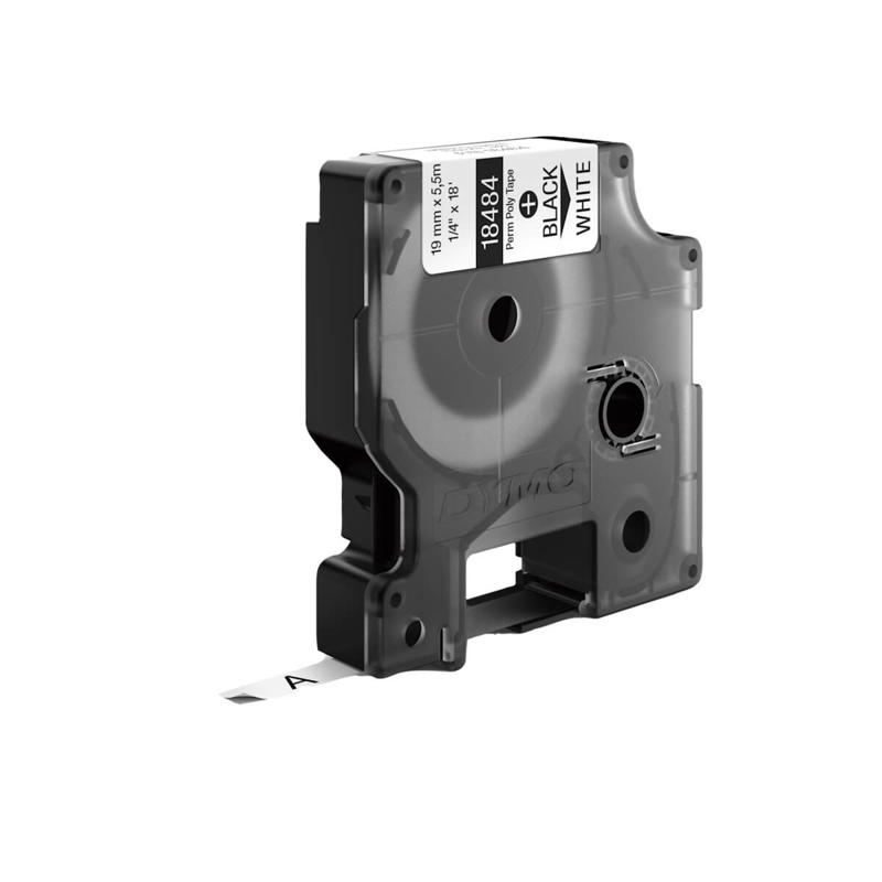 Labeltape DYMO Rhino 19mm sort på hvid poly 18484