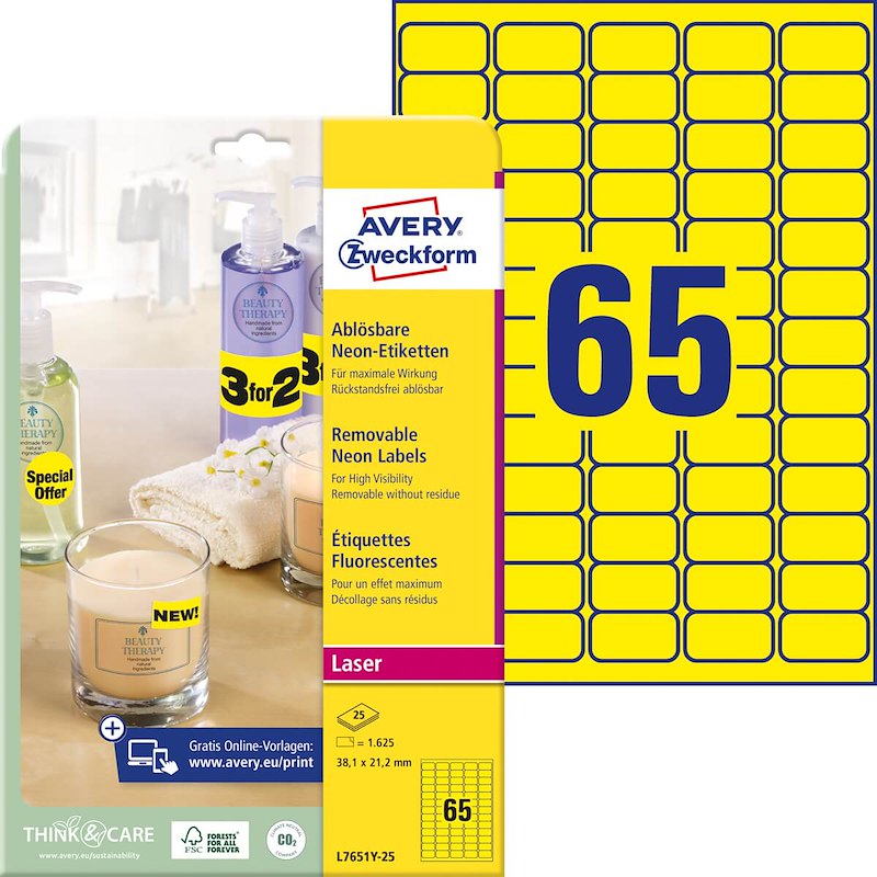 Etiketter Avery label aftagelige neon 38,1x21,2mm L7651Y-25
