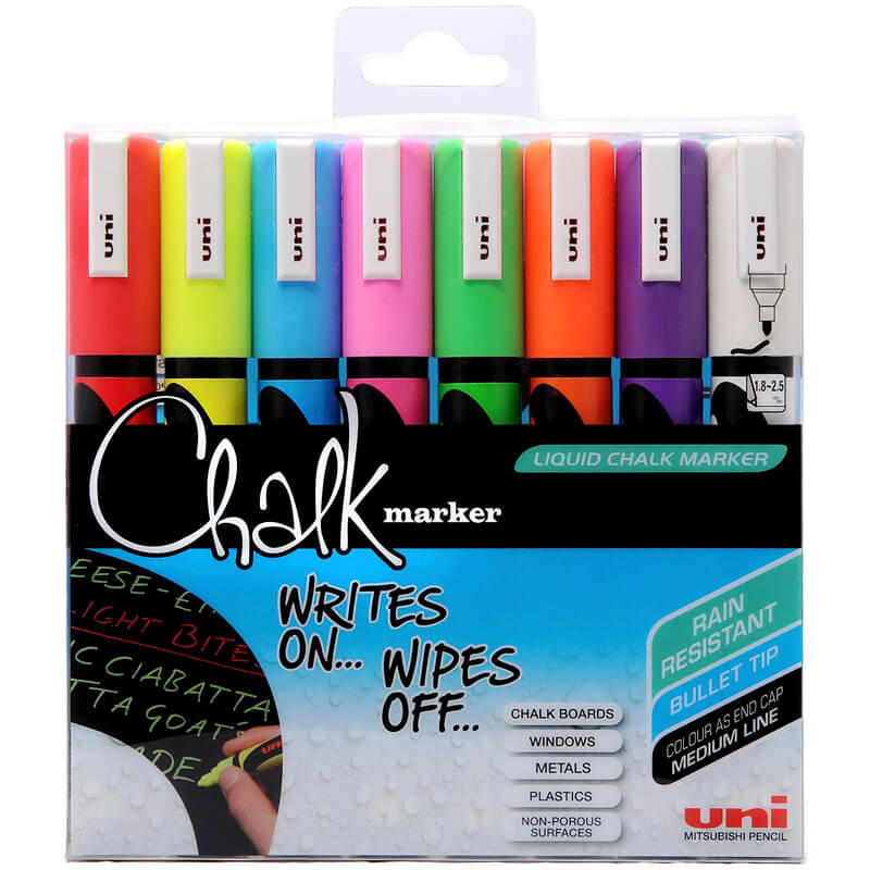 Chalk marker Uni PWE-5M t/whiteboard, glas, 2,5mm 8 ass./pk.