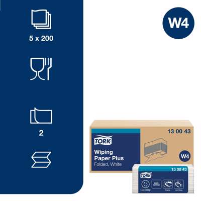 Aftørringspapir Tork Plus W4 2-lag hvid 130043 5 pak