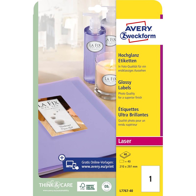 Etiketter Avery label laser glossy hvid 209x295mm L7767-40