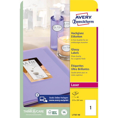 Etiketter Avery label laser glossy hvid 209x295mm L7767-40