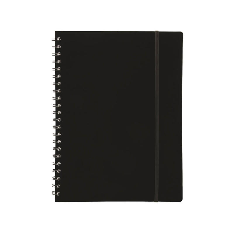 Notesbog A4 PP m/spiral-elastik linjeret 70g sort