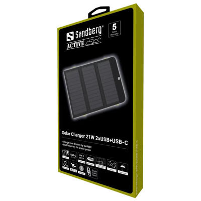 Powerbank Sandberg m/solpanel 21W 2xUSB+USB-C 10.000mAh