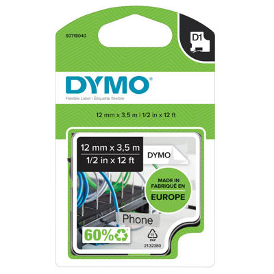 Labeltape DYMO D1 12mm sort på hvid nylon flex