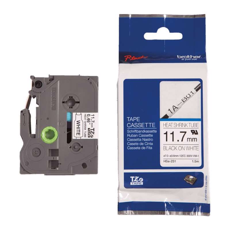 Labeltape Brother HSe231 12mm x 1,5m sort på hvid krympeflex