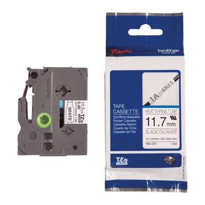 Labeltape Brother HSe231 12mm x 1,5m sort på hvid krympeflex