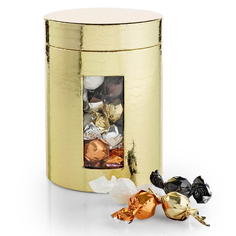 Julegave 2025 Rund hatteæske guld Chokoladekugler 1000g