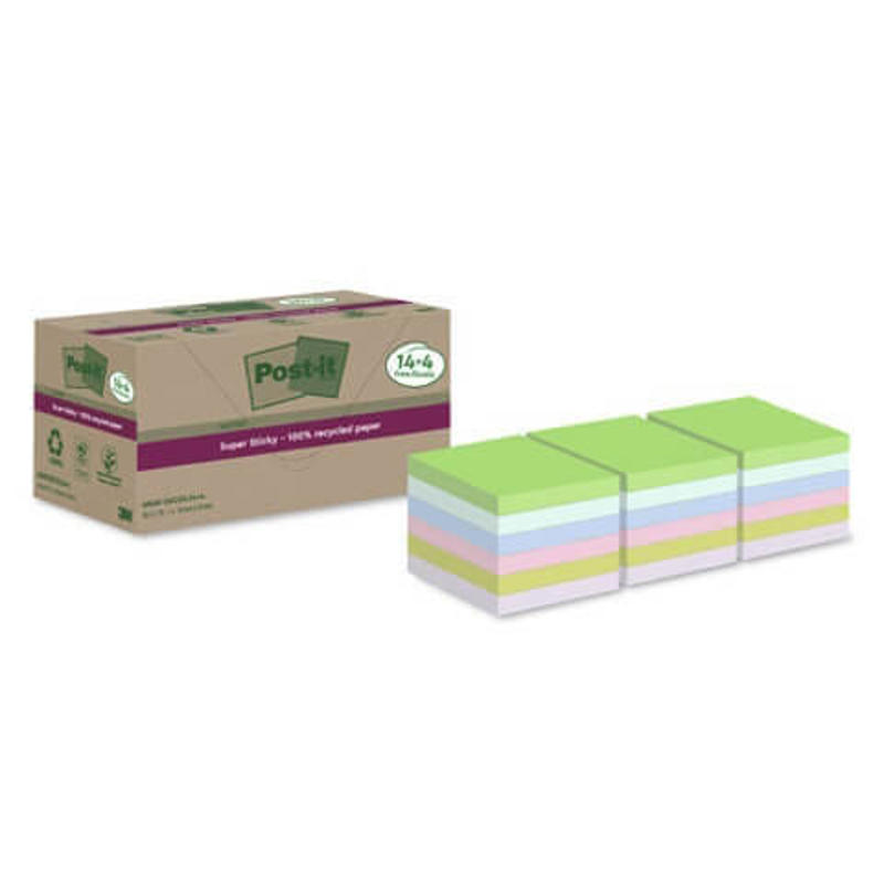 Blok Post-it recycled 76x76mm SS assorterede 14+4blk/pk