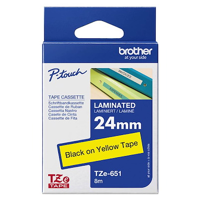 Labeltape Brother TZe651 24mm sort på gul lamineret