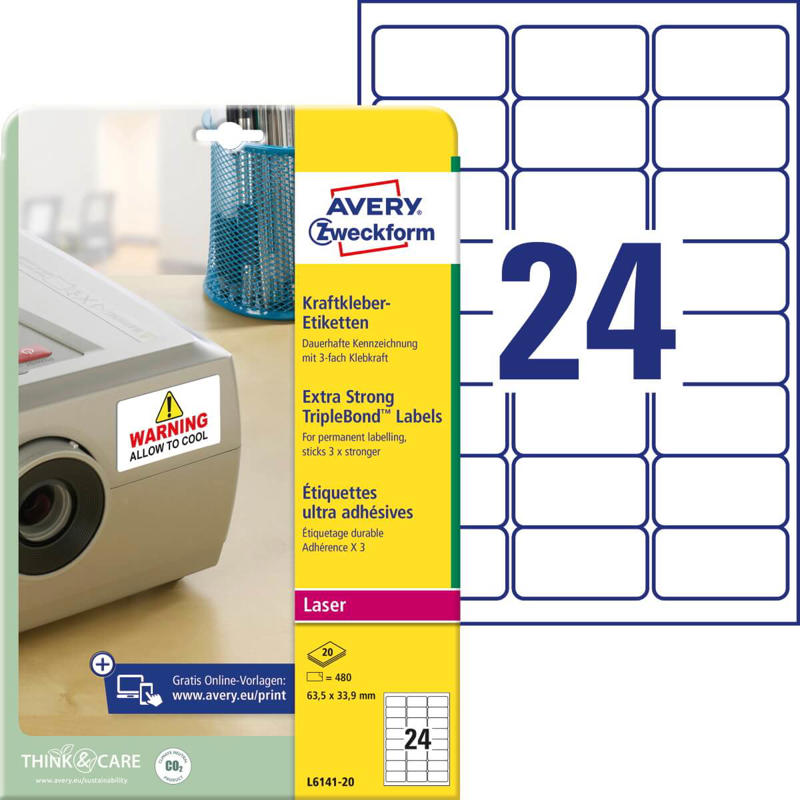 Etiketter Avery label laser stærk hvid 63,5x33,9mm L6141-20