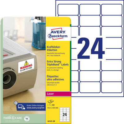 Etiketter Avery label laser stærk hvid 63,5x33,9mm L6141-20
