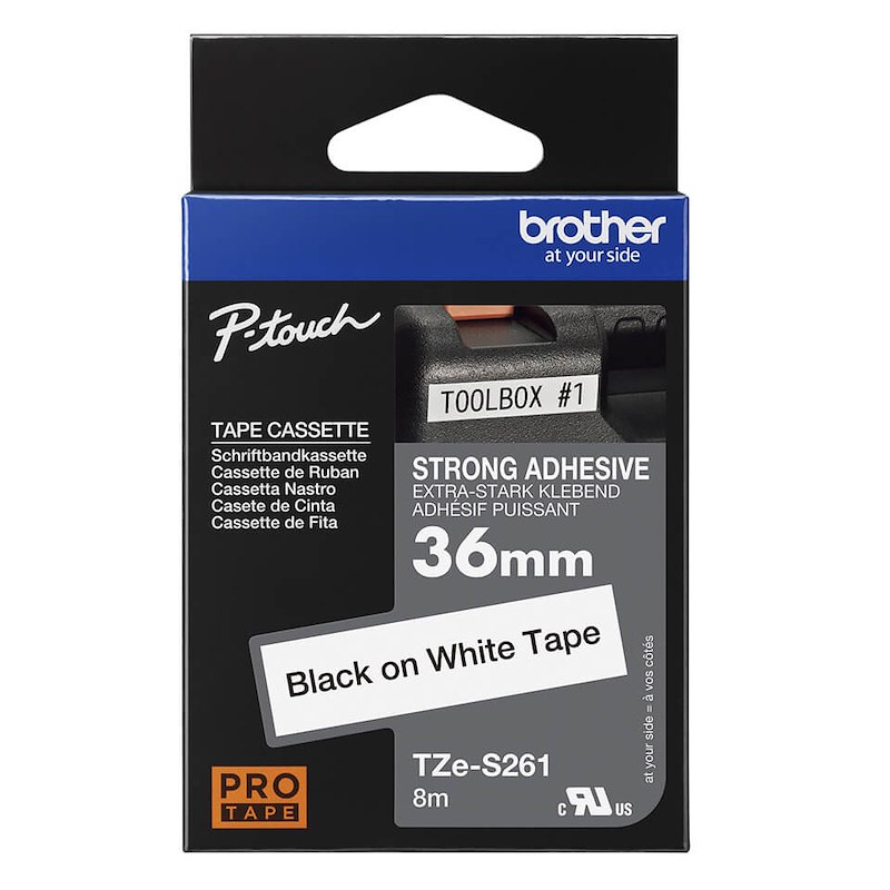 Labeltape Brother TZeS261 36mm sort på hvid stærk klæb