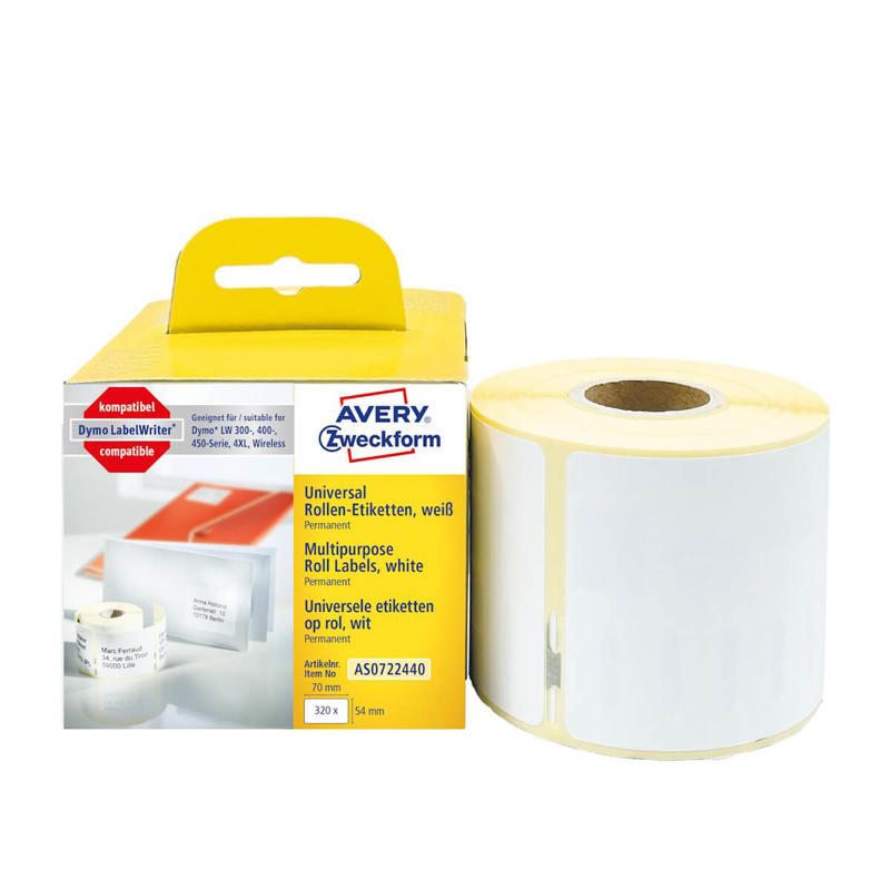 Universaletiket Avery t/labelprinter 70x54mm 320stk/pk.