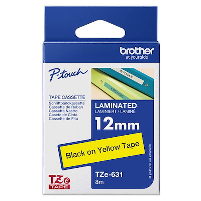 Labeltape Brother TZe631 12mm sort på gul lamineret