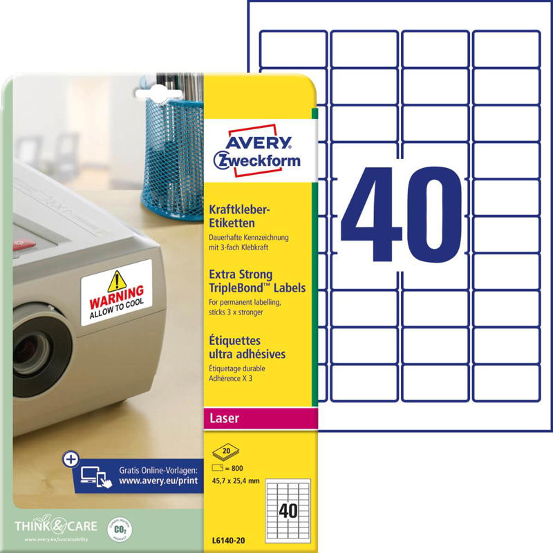 Etiketter Avery label laser stærk hvid 45,7x25,4mm L6140-20