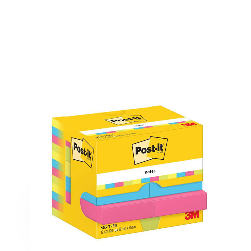 Post-it blok 653 38x51mm neon 4 ass farver 12blk/pk.