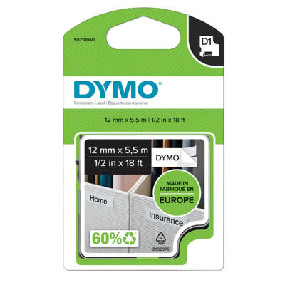 Labeltape DYMO D1 12mm sort på hvid Polyester -Perm.