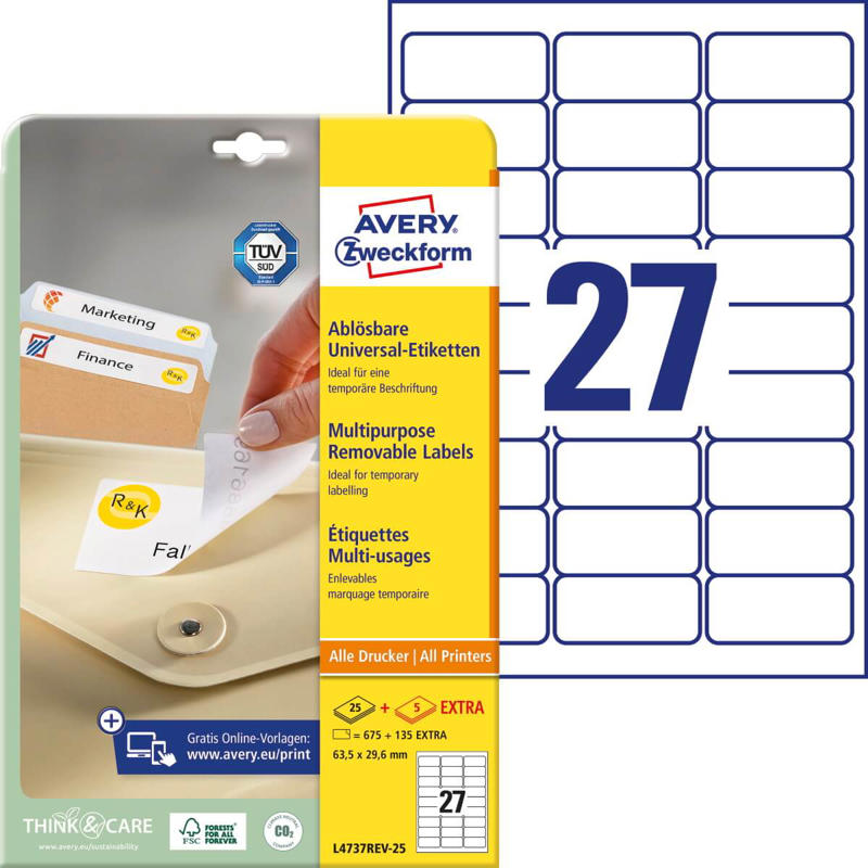 Etiketter Avery label aftagelige 63,5x29,6mm 4737REV-25