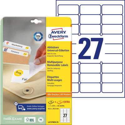 Etiketter Avery label aftagelige 63,5x29,6mm 4737REV-25