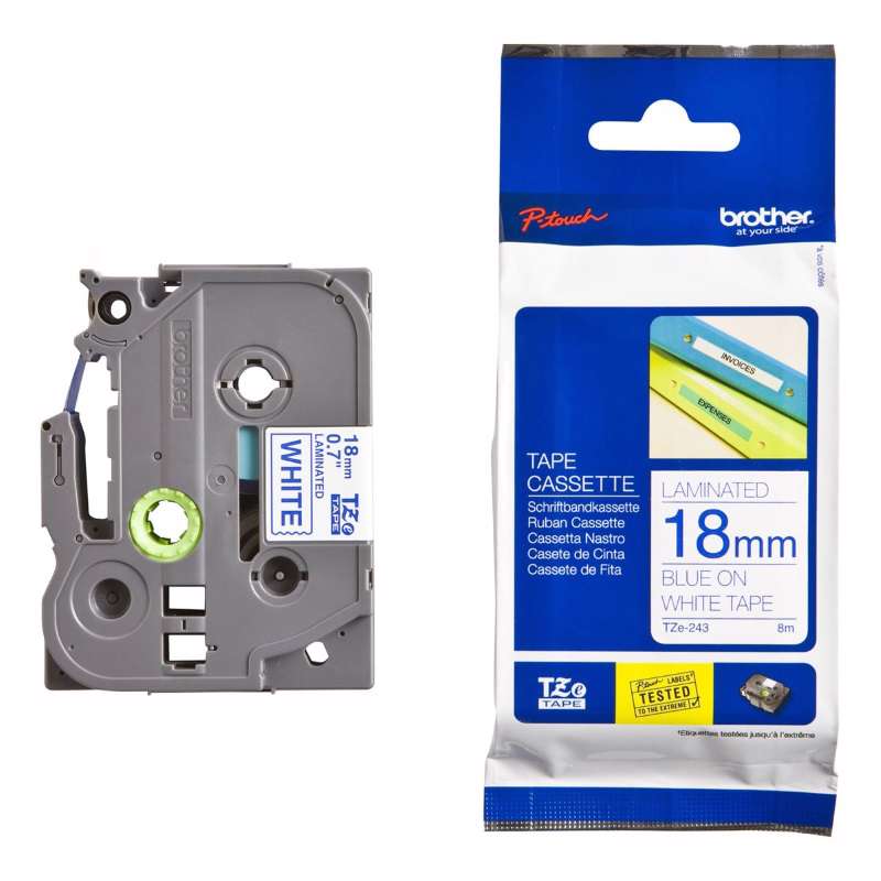 Prægetape Brother TZe243 18 mm x 8 m blå/hvid lamineret